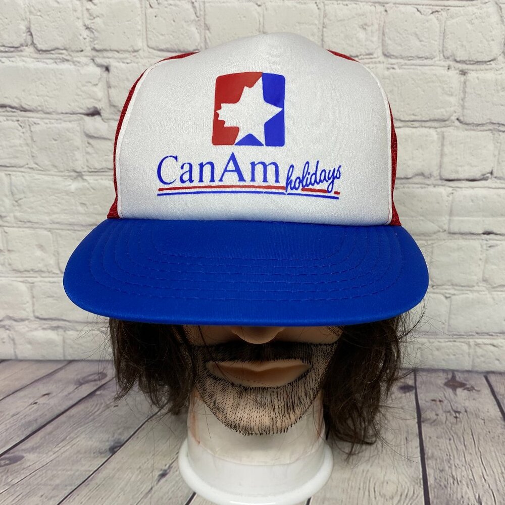 Vintage Trucker Hat Mesh Cap Snapback Red White Blue Can Am Holidays 80s